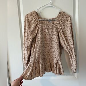 Smocked Cotton Blend Floral Blouse